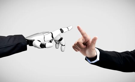 3D rendering artificial intelligence AI research of robot and cyborg development for future of people living. Digital data mining and machine learning technology design for computer brain.の写真素材