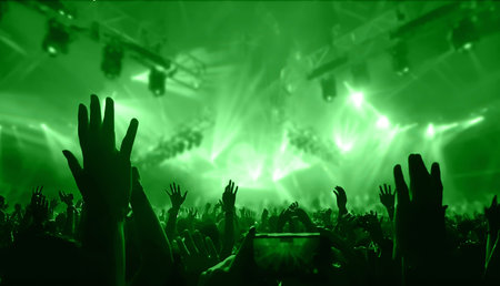 Happy people dance in nightclub DJ party concert and listen to electronic dancing music from DJ on...