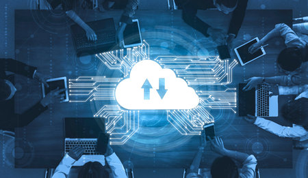 Cloud computing technology and online data storage for business network concept. Computer connects...