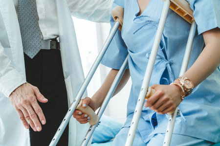 Doctor takes care of patient in crutch at hospital. Physical therapist and leg injury recovery...