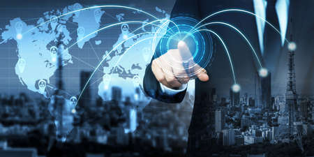 The modern creative communication and internet network connect in smart city . Concept of 5G wireless digital connection and internet of things future.の写真素材