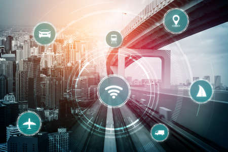 Smart transport technology concept for future car traffic on road . Virtual intelligent system makes digital information analysis to connect data of vehicle on city street . Futuristic innovation .の写真素材