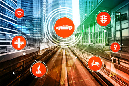 Smart transport technology concept for future car traffic on road . Virtual intelligent system makes digital information analysis to connect data of vehicle on city street . Futuristic innovation .の写真素材