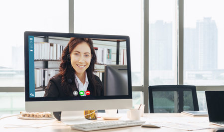 Video call business people meeting on virtual workplace or remote office. Telework conference call...