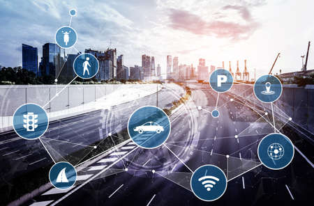 Smart transport technology concept for future car traffic on road . Virtual intelligent system makes digital information analysis to connect data of vehicle on city street . Futuristic innovation .の写真素材