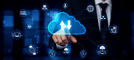 Cloud computing technology and online data storage for business network concept. Computer connects to internet server service for cloud data transfer presented in 3D futuristic graphic interface.の写真素材