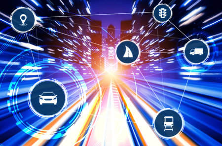 Smart transport technology concept for future car traffic on road . Virtual intelligent system makes...