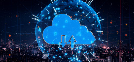 Cloud computing technology and online data storage for business network concept. Computer connects...