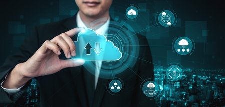 Cloud computing technology and online data storage for business network concept. Computer connects...