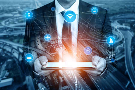 Smart transport technology concept for future car traffic on road . Virtual intelligent system makes digital information analysis to connect data of vehicle on city street . Futuristic innovation .の写真素材