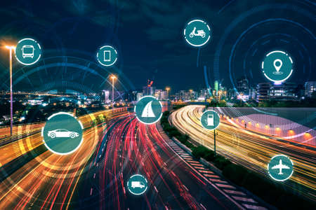 Smart transport technology concept for future car traffic on road . Virtual intelligent system makes digital information analysis to connect data of vehicle on city street . Futuristic innovation .