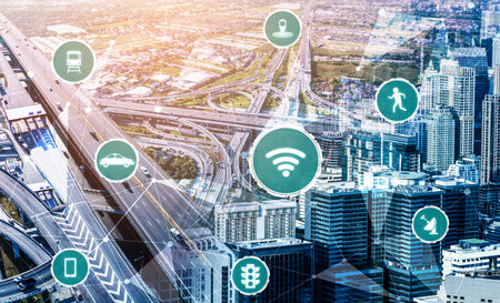 Smart transport technology concept for future car traffic on road . Virtual intelligent system makes...