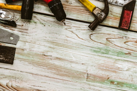 Top view flat lay of tools for handyman and carpenter. Woodwork hobby and DIY concept.
