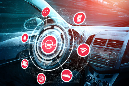 Driverless car interior with futuristic dashboard for autonomous control system . Inside view of...