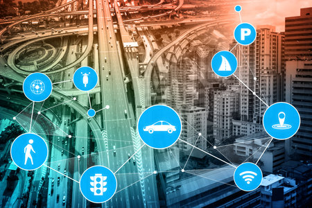 Smart transport technology concept for future car traffic on road . Virtual intelligent system makes...