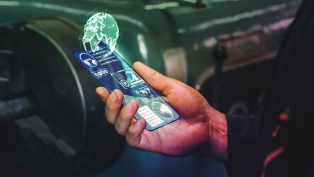 Factory worker use future holographic screen device to control manufacturing machine in factory ....