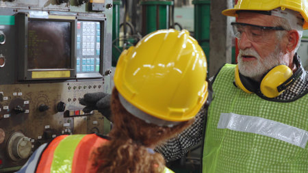 Group of factory workers using machine equipment in factory workshop . Industry and engineering...