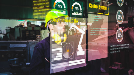 Factory worker use future holographic screen device to control manufacturing machine in factory ....