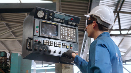 Smart factory worker using machine in factory workshop . Industry and engineering concept.