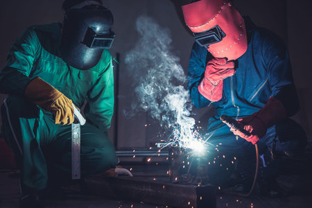 Metal welding steel works using electric arc welding machine to weld steel at factory. Metalwork...