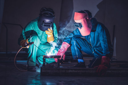 Metal welding steel works using electric arc welding machine to weld steel at factory. Metalwork...