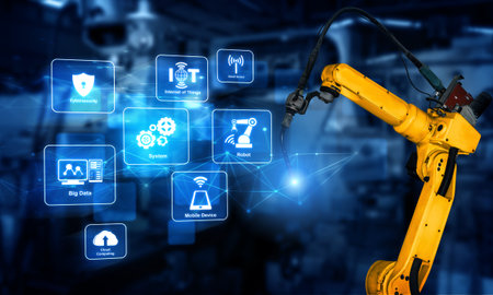 Smart industry robot arms for digital factory production technology showing automation manufacturing...