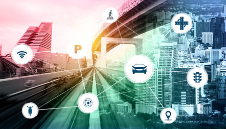 Smart transport technology concept for future car traffic on road . Virtual intelligent system makes...