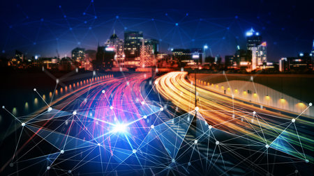 Smart transport technology concept for future car traffic on road . Virtual intelligent system makes...