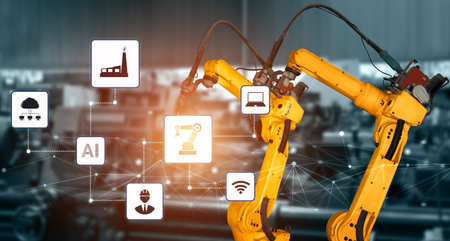 Smart industry robot arms for digital factory production technology showing automation manufacturing...