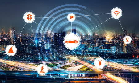 Smart transport technology concept for future car traffic on road . Virtual intelligent system makes...