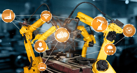 Smart industry robot arms for digital factory production technology showing automation manufacturing...