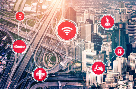 Smart transport technology concept for future car traffic on road . Virtual intelligent system makes...