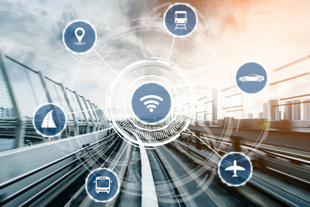 Smart transport technology concept for future car traffic on road . Virtual intelligent system makes...