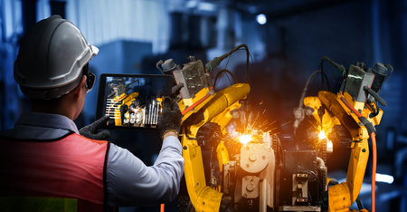 Smart industry robot arms for digital factory production technology showing automation manufacturing...