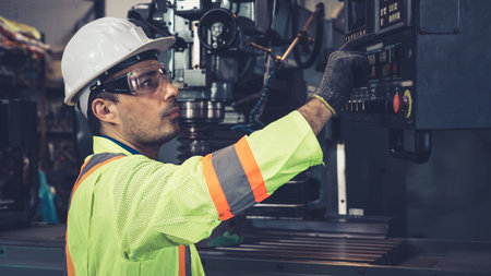 Smart factory worker using machine in factory workshop . Industry and engineering concept.
