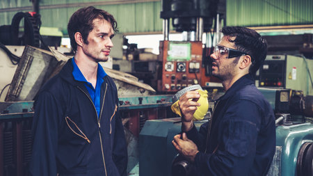 Tired factory workers taking a break and talking to coworker in the factory . Industry and...