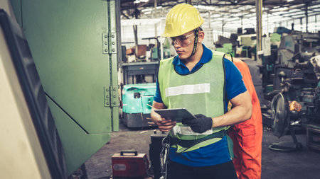 Smart factory worker using machine in factory workshop . Industry and engineering concept.