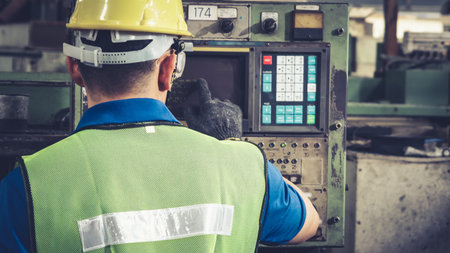 Smart factory worker using machine in factory workshop . Industry and engineering concept.