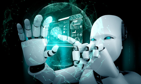 Robot humanoid hold HUD hologram screen in concept of AI thinking brain, artificial intelligence and...