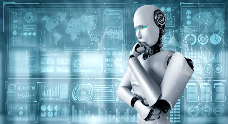 Thinking AI humanoid robot analyzing hologram screen showing concept big data analytic using...