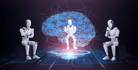 Thinking AI humanoid robot analyzing hologram screen showing concept of AI brain and artificial...