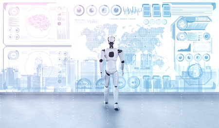 3D rendering robot humanoid analyzing big data using AI thinking brain and machine learning process...