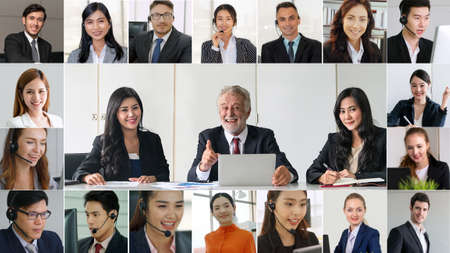 Business people group meeting in video conference on laptop monitor view. Online seminar application presented in cropped zoom view of computer screen. Communication technology for corporate working.の写真素材