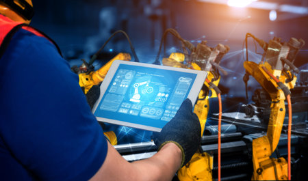 Smart industry robot arms for digital factory production technology showing automation manufacturing...