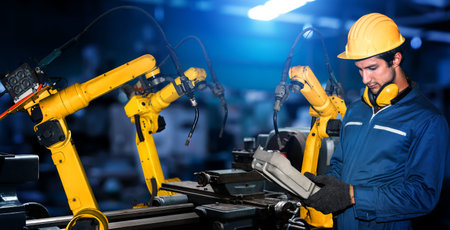 Smart industry robot arms for digital factory production technology showing automation manufacturing...