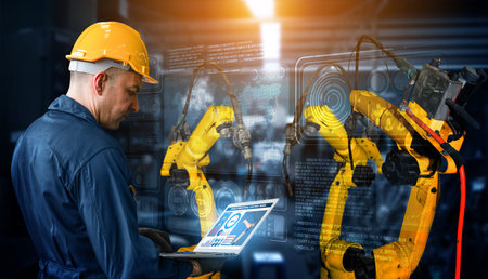 Smart industry robot arms for digital factory production technology showing automation manufacturing...