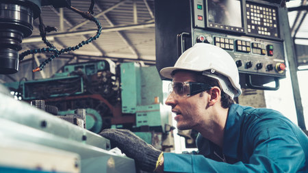 Smart factory worker using machine in factory workshop . Industry and engineering concept.