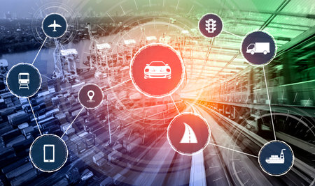 Smart transport technology concept for future car traffic on road . Virtual intelligent system makes...