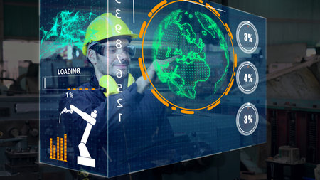 Factory worker use future holographic screen device to control manufacturing machine in factory ....