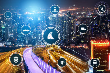 Smart transport technology concept for future car traffic on road . Virtual intelligent system makes...